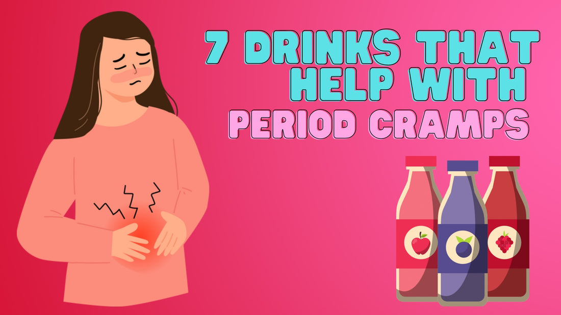 3 bottles in front of woman in stomach pain of 7 drinks that help with period cramps