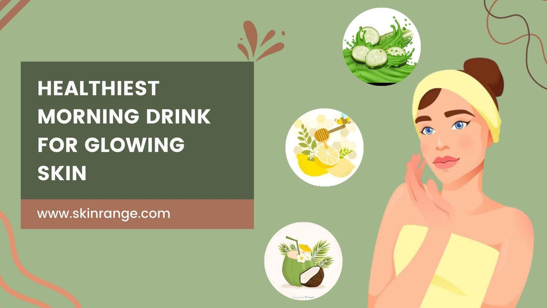 Illustration of a woman and ingredients like cucumber, honey, lemon, and coconut, promoting the healthiest morning drink for glowing skin