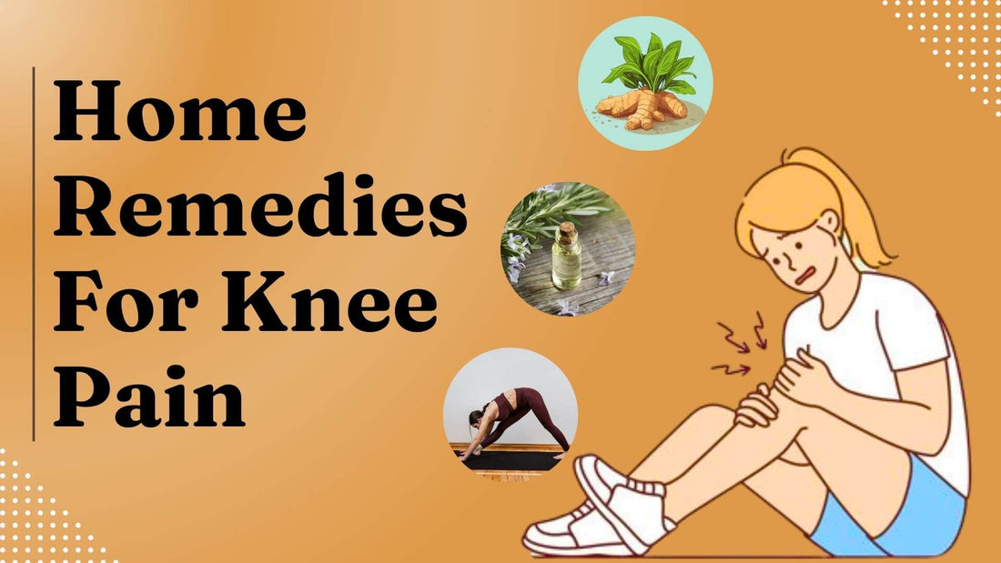 Home remedies for knee pain: A woman with knee pain is shown with illustrations of turmeric, rosemary oil, and yoga poses for relief