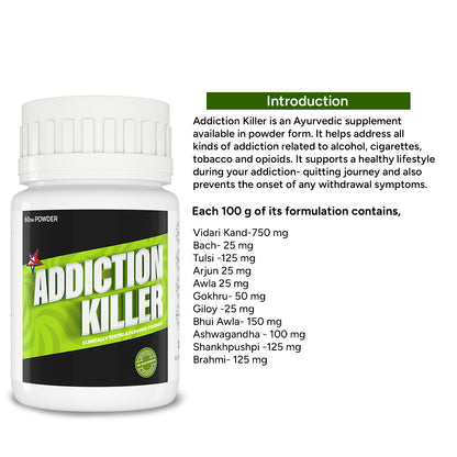 Addiction Killer | Ayurvedic Powder to Stop Drinking Alcohol | Anti-smoking Supplement | Quit Heroin, Opium & Drugs