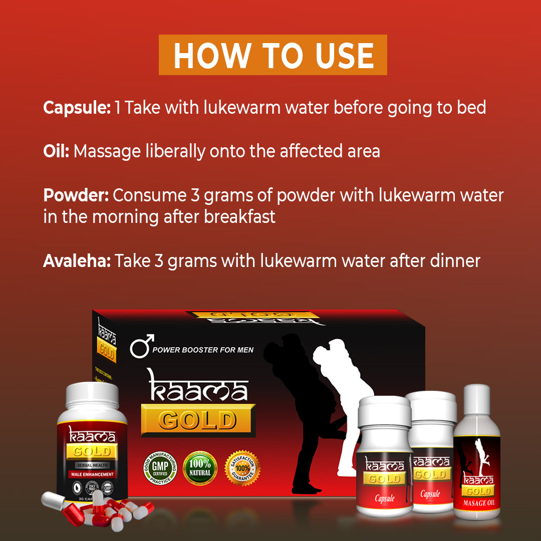 Kaama Gold Kit | Capsule, Powder, Oil & Avaleha | Ayurvedic Medicine for Sexual Power | Sperm Count Support | Increase Desire