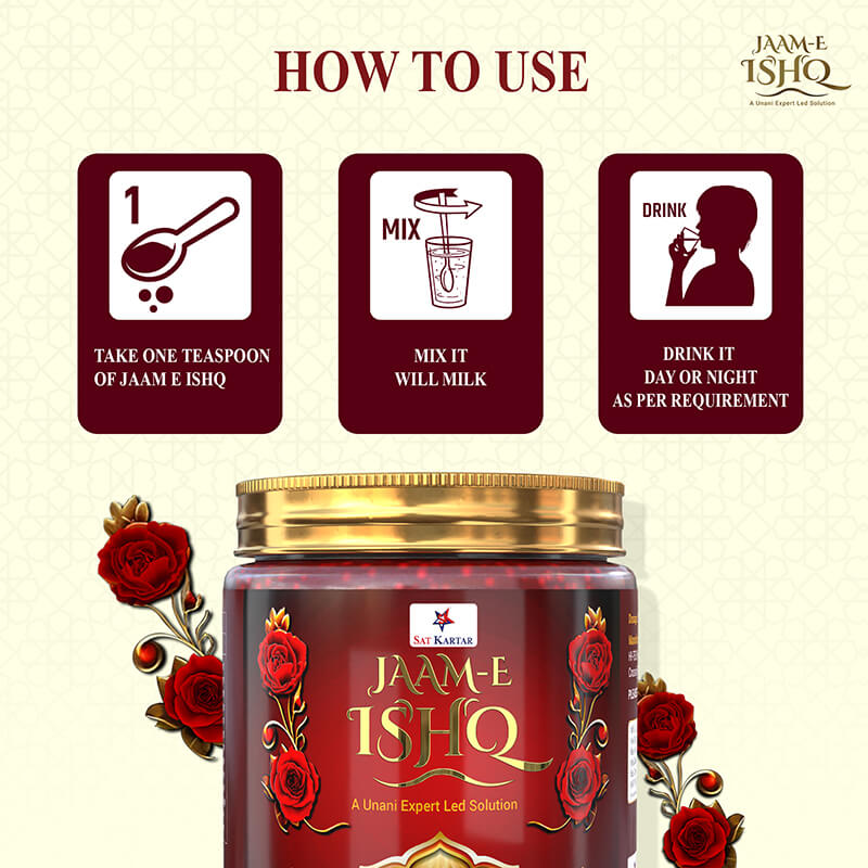 Jam-e-Ishq jar with red label containing Avalah, showing 3 steps of using this Unani medicine for male and female fertility