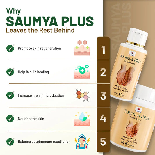 SK Saumya Plus | விட்டிலிகோவுக்கு ஆயுர்வேத மருந்து | வெள்ளை - புள்ளிகள் காப்ஸ்யூல் மற்றும் எண்ணெய்