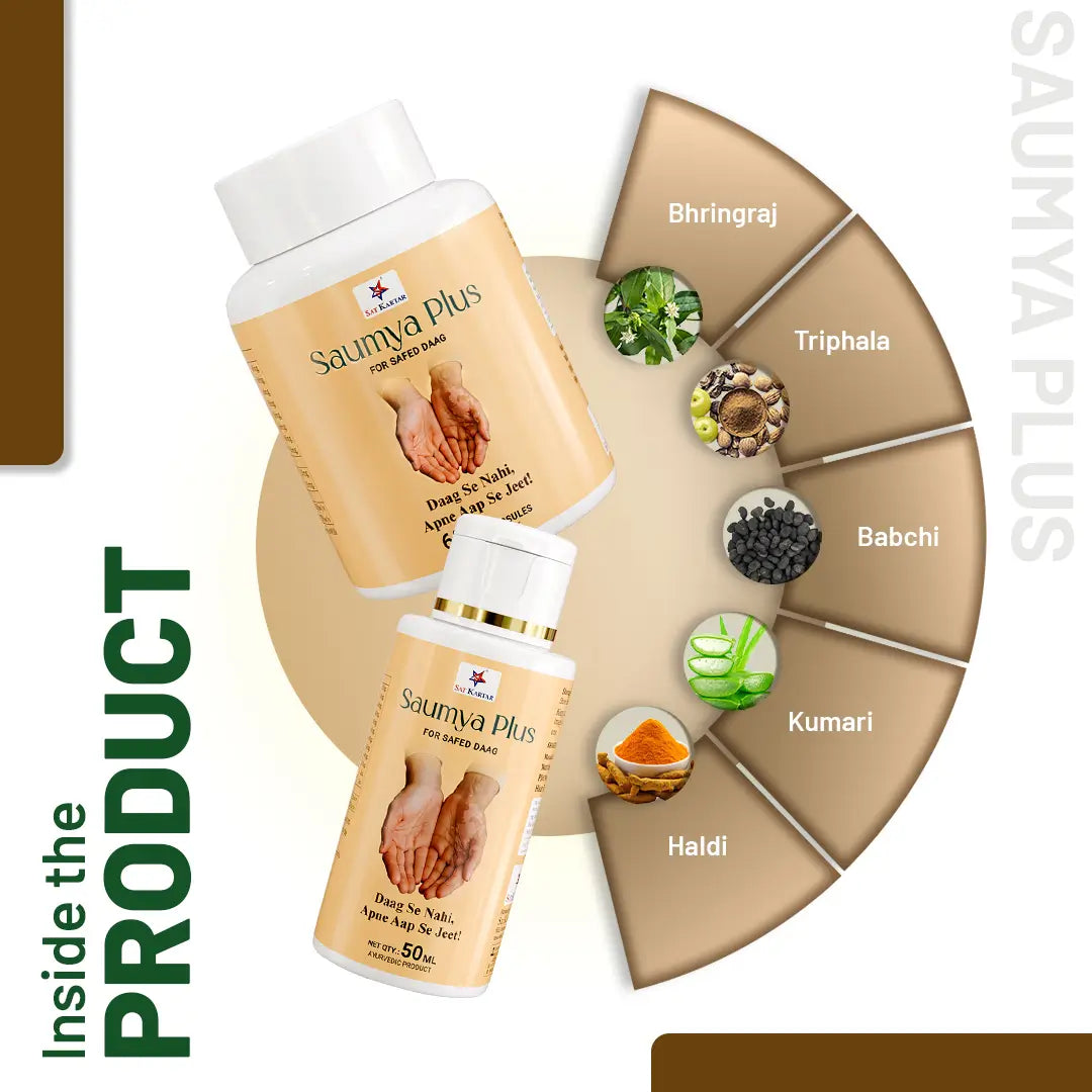 SK सौम्या प्लस | सफेद दाग के लिए आयुर्वेदिक दवा | विटिलिगो के लिए कैप्सूल और तेल